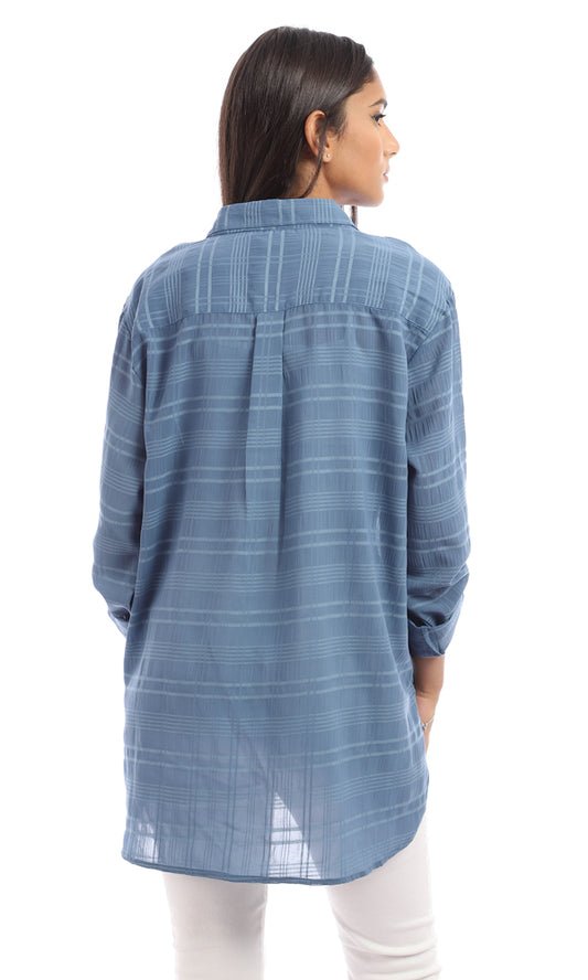 95415 Plaids Chiffon Full Buttoned Shirt - Dusty Blue