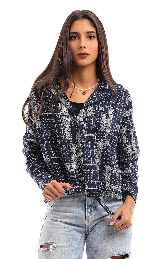 95426 Turn Down Neck Patterned Casual Shirt - Navy Blue