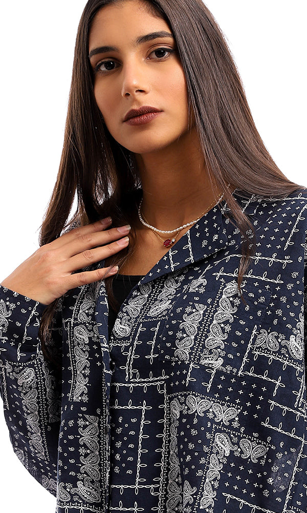 95426 Turn Down Neck Patterned Casual Shirt - Navy Blue