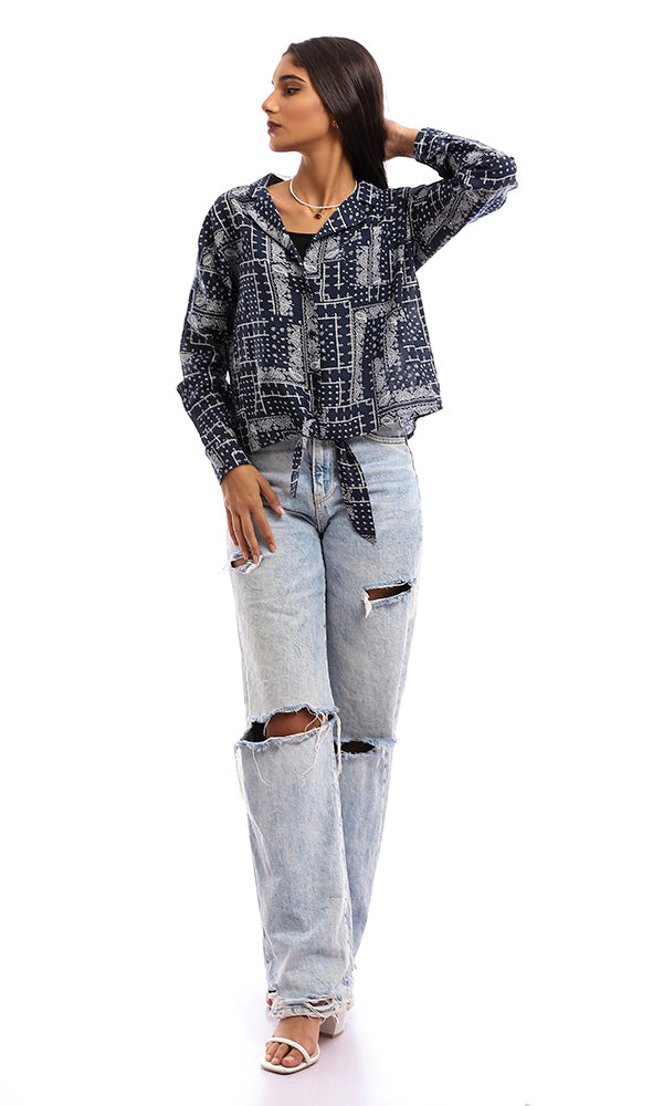 95426 Turn Down Neck Patterned Casual Shirt - Navy Blue