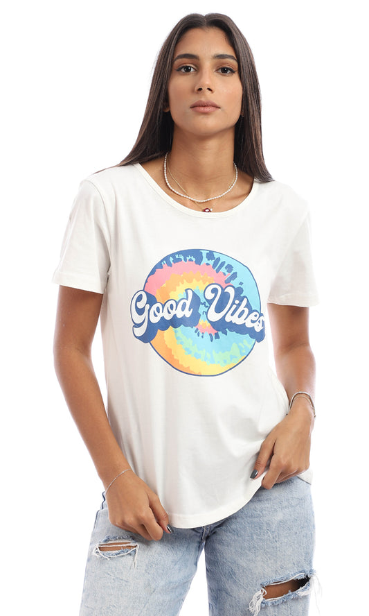 95458 Colorful Printed "Good Vibes" Summer T-Shirt - Off White