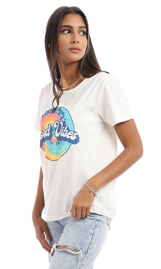 95458 Colorful Printed "Good Vibes" Summer T-Shirt - Off White