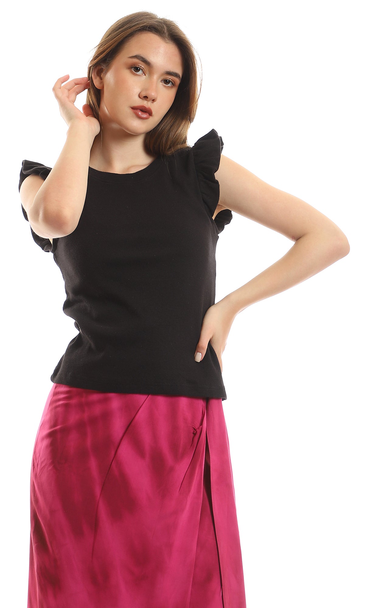 95491 Ruffled Cape Sleeves Black Plain Tee