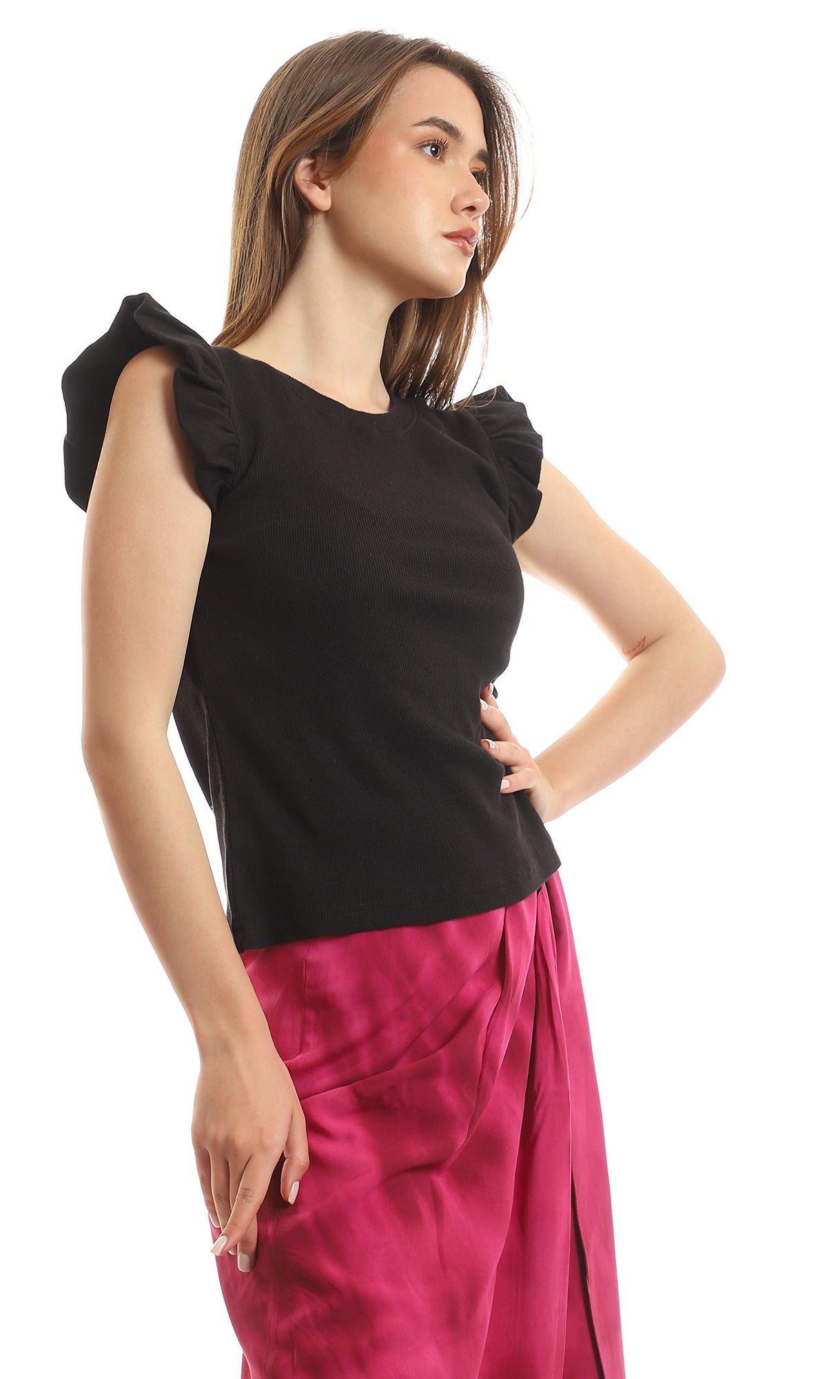 95491 Ruffled Cape Sleeves Black Plain Tee