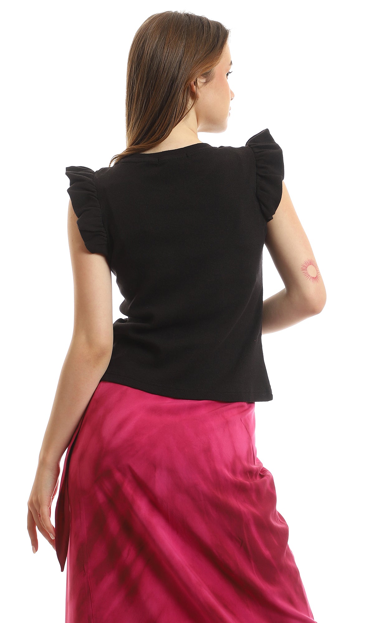 95491 Ruffled Cape Sleeves Black Plain Tee