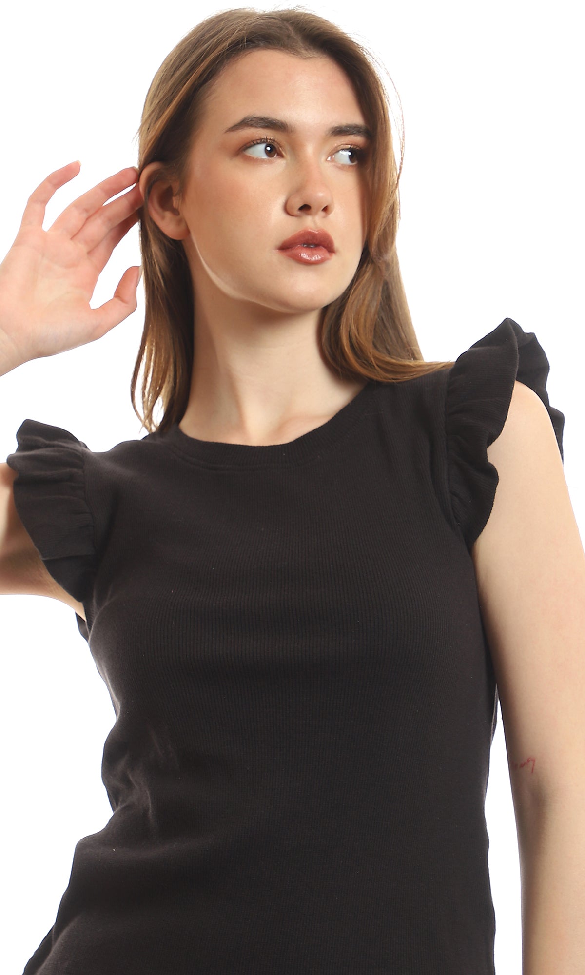 95491 Ruffled Cape Sleeves Black Plain Tee