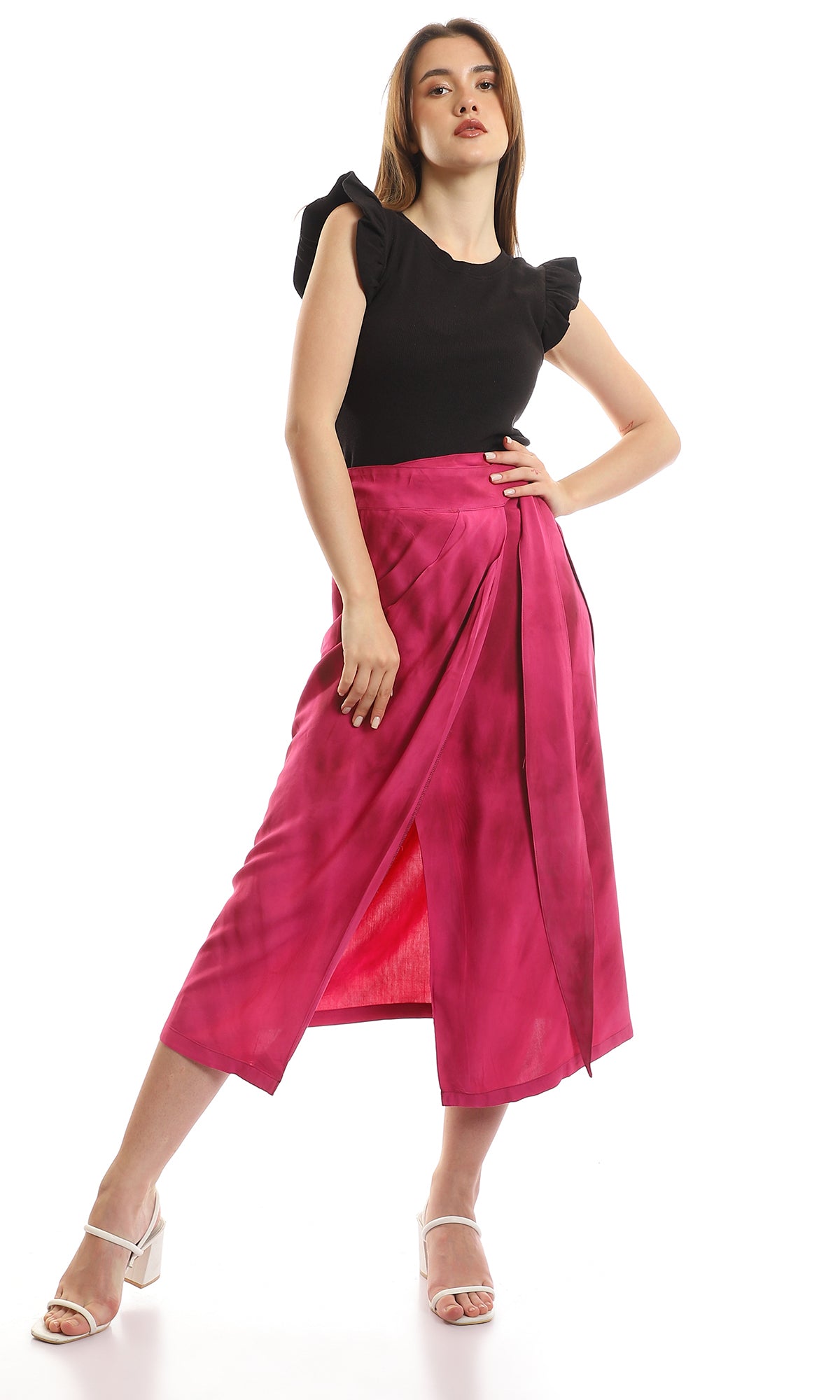 95491 Ruffled Cape Sleeves Black Plain Tee