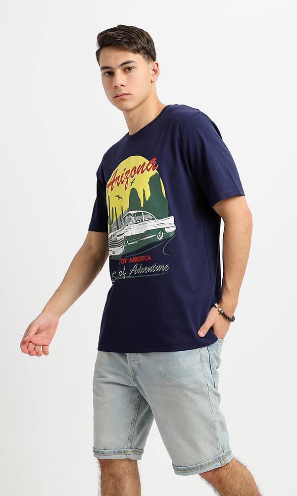 95501 Navy Blue Regular Fit Short Sleeves Printed Tee - Ravin 