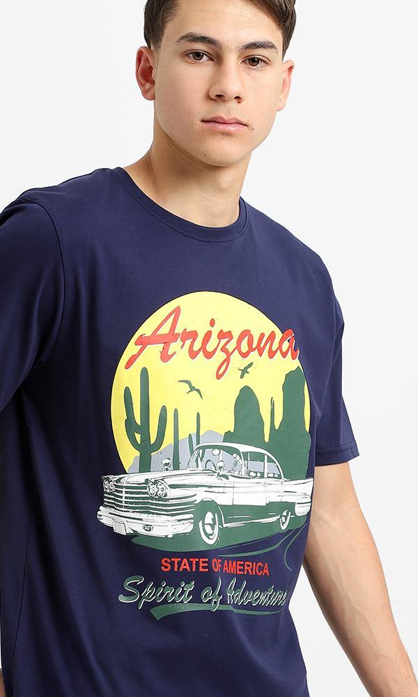 95501 Navy Blue Regular Fit Short Sleeves Printed Tee - Ravin 