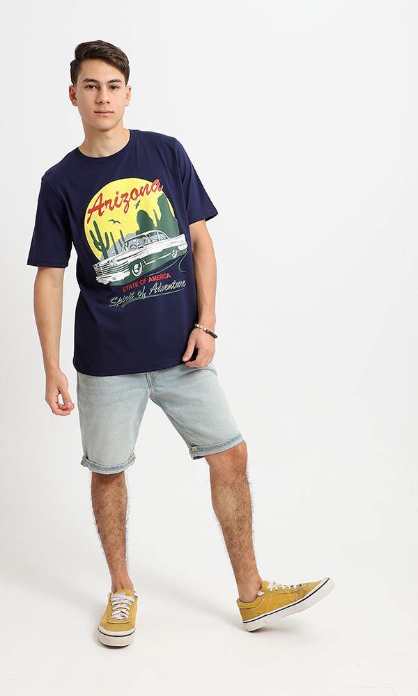 95501 Navy Blue Regular Fit Short Sleeves Printed Tee - Ravin 