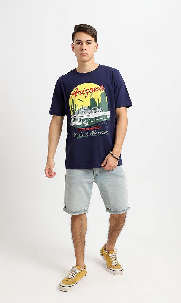 95501 Navy Blue Regular Fit Short Sleeves Printed Tee - Ravin 