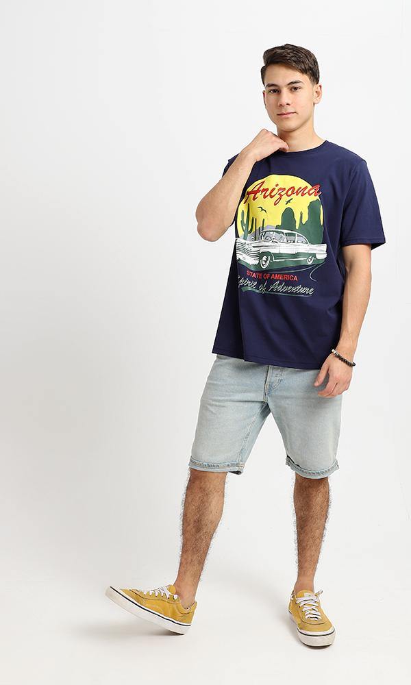 95501 Navy Blue Regular Fit Short Sleeves Printed Tee - Ravin 