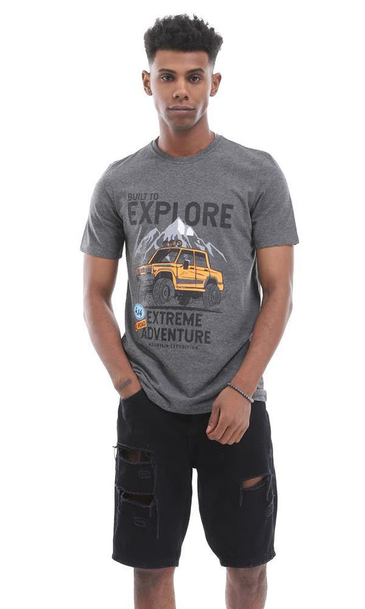 95515 Built To Explore Printed Heather Dark Grey Casual Tee - Ravin 