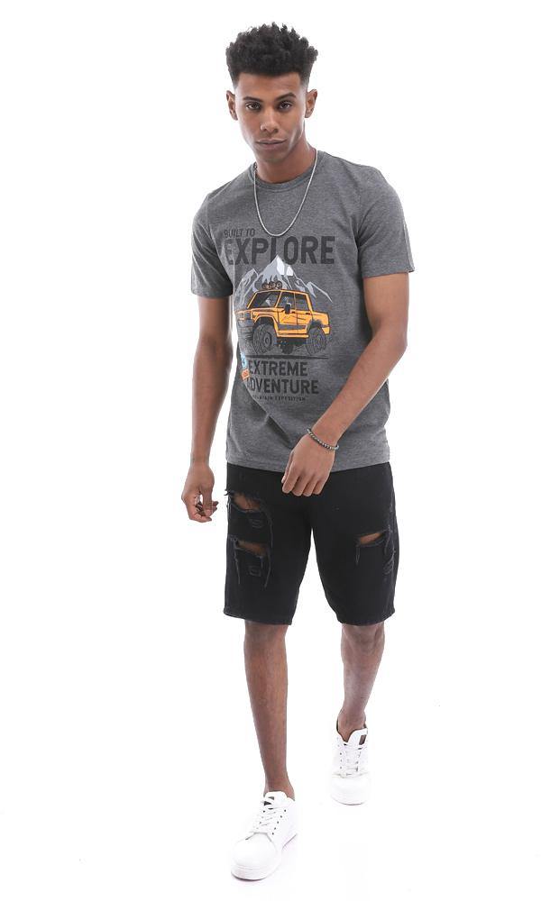 95515 Built To Explore Printed Heather Dark Grey Casual Tee - Ravin 