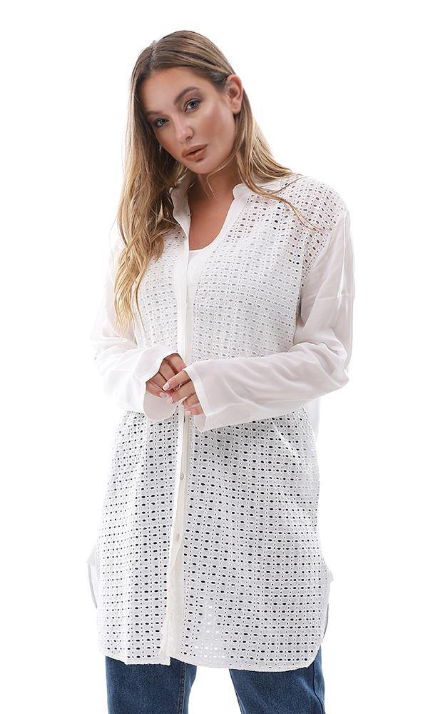 95529 Casual Perforated Long Buttoned Off White Shirt - Ravin 