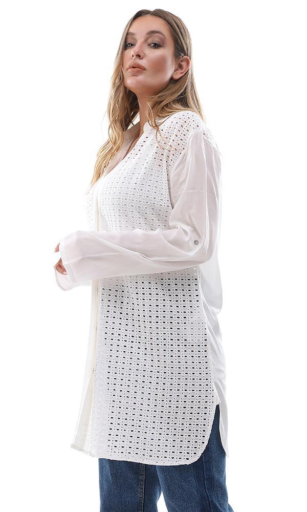 95529 Casual Perforated Long Buttoned Off White Shirt - Ravin 