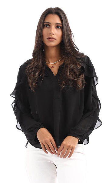 95535 Ruffled Detail V-Neck Black Top - Ravin 