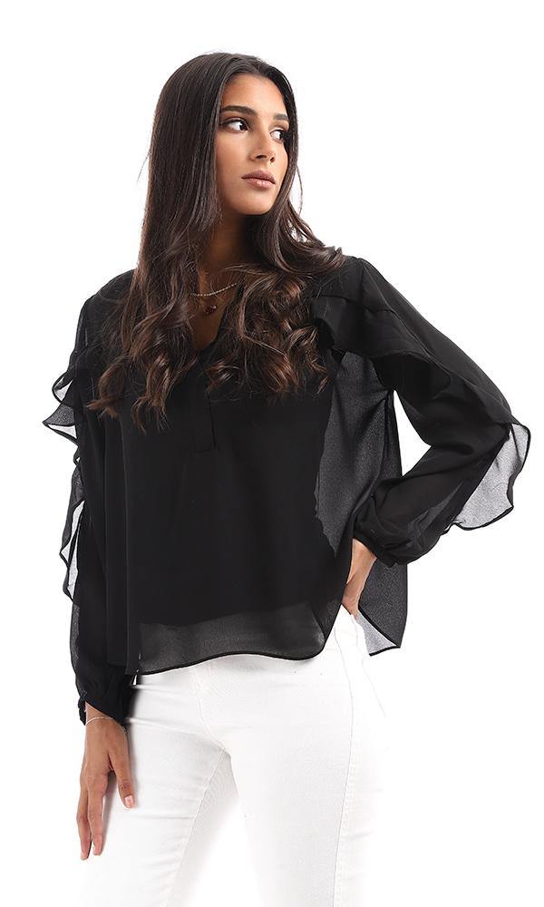 95535 Ruffled Detail V-Neck Black Top - Ravin 