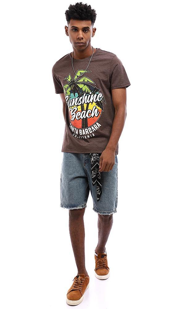 95577 Summer Printed "Sunshine Beach" Cotton T-Shirt - Brown - Ravin 