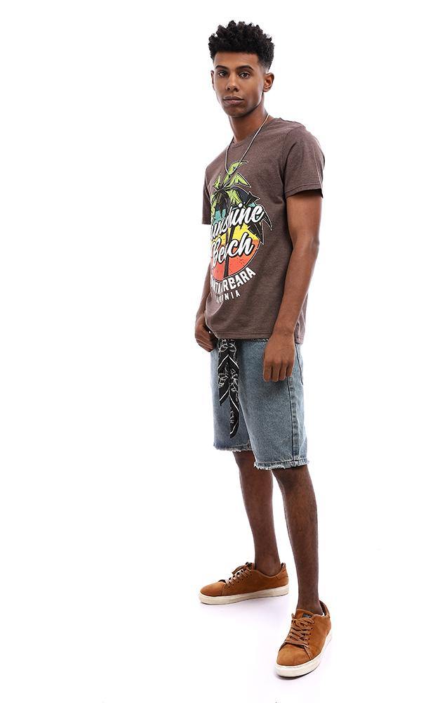 95577 Summer Printed "Sunshine Beach" Cotton T-Shirt - Brown - Ravin 