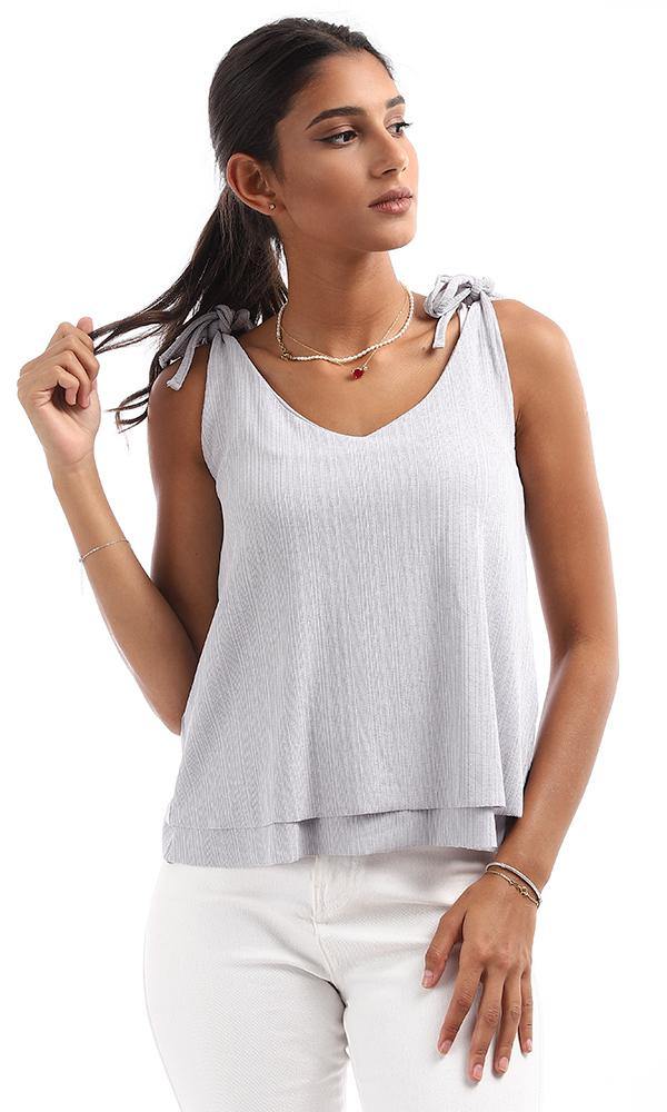 95616 Lace Up Starps V-Neck Light Grey Top - Ravin 