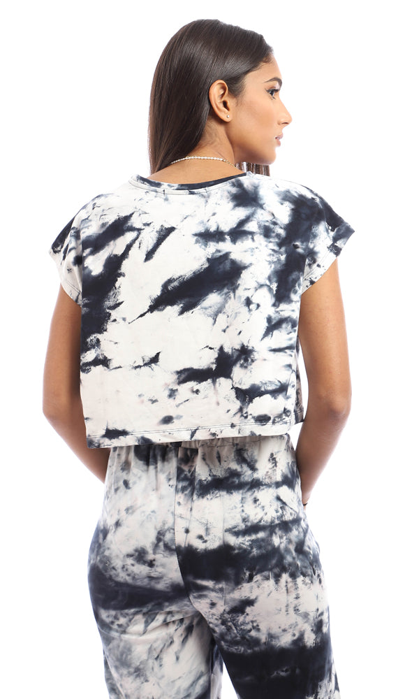 95629 Printed Tie Dye Cotton T-Shirt - Dark Navy Blue & White