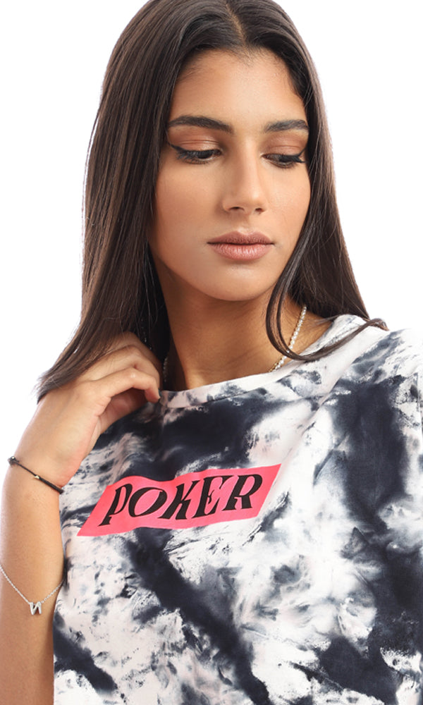 95629 Printed Tie Dye Cotton T-Shirt - Dark Navy Blue & White