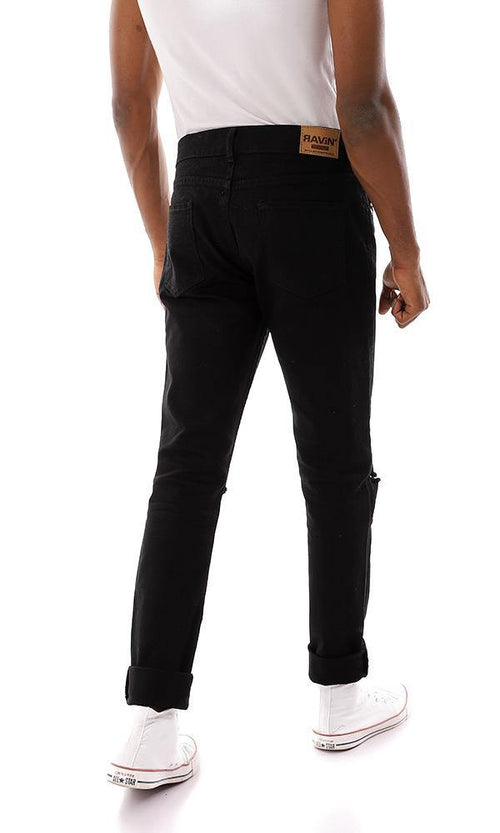 95645 Ripped Nee Solid Trendy Jeans - Black - Ravin 