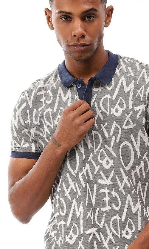 95660 Self Pattern Short Sleeves Polo Shirt - Black & Off White - Ravin 