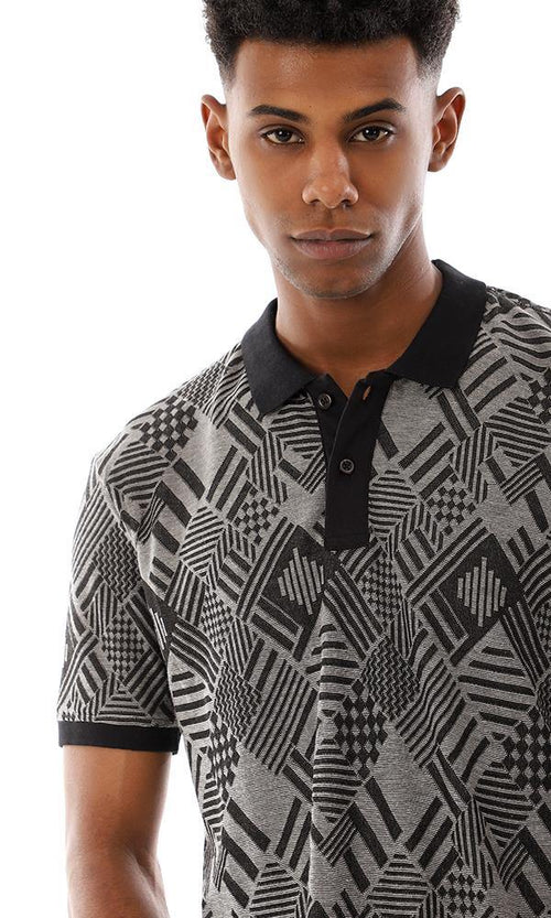 95661 Classic Collar Upper Buttoned Polo Shirt - Black & Grey - Ravin 