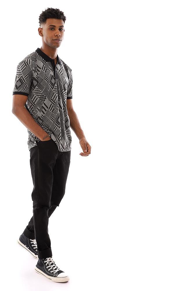 95661 Classic Collar Upper Buttoned Polo Shirt - Black & Grey - Ravin 