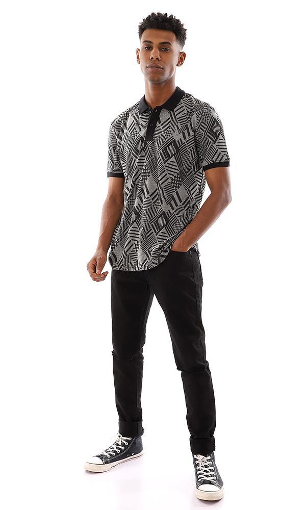 95661 Classic Collar Upper Buttoned Polo Shirt - Black & Grey - Ravin 