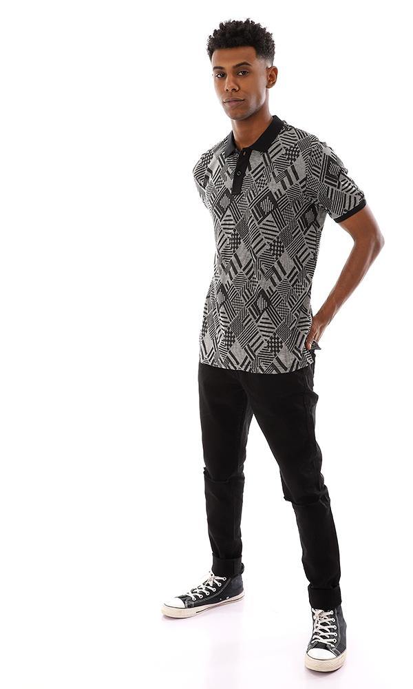 95661 Classic Collar Upper Buttoned Polo Shirt - Black & Grey - Ravin 