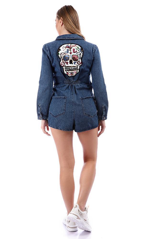 95681 Stitched Front Patches & Back Sequins Skull Blue Jeans Romper - Ravin 