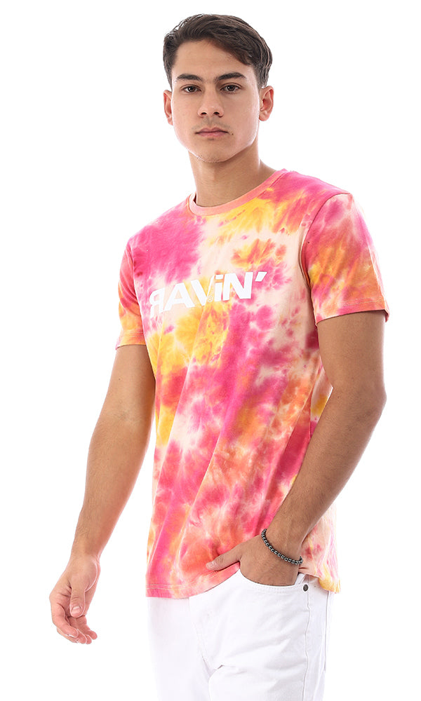 95701 Printed & Tie Dye Summer Trendy T-Shirt - Orange & Fuchsia
