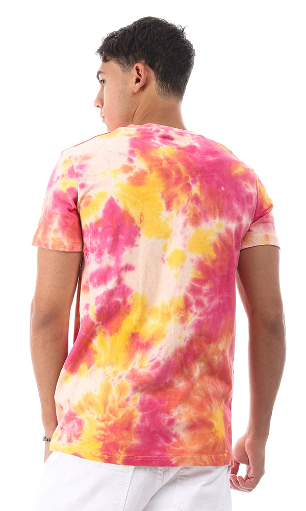 95701 Printed & Tie Dye Summer Trendy T-Shirt - Orange & Fuchsia