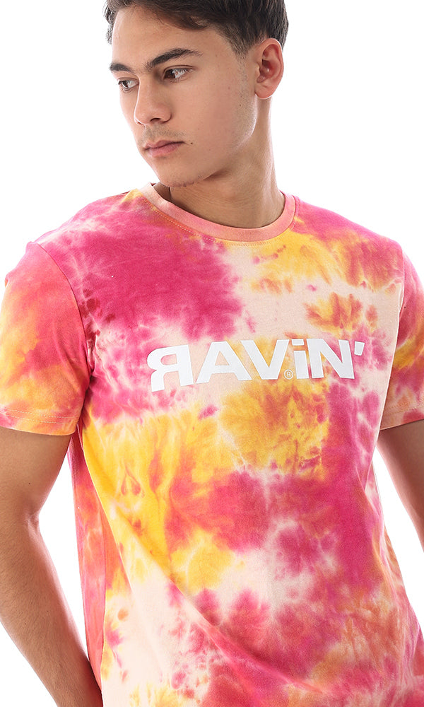 95701 Printed & Tie Dye Summer Trendy T-Shirt - Orange & Fuchsia