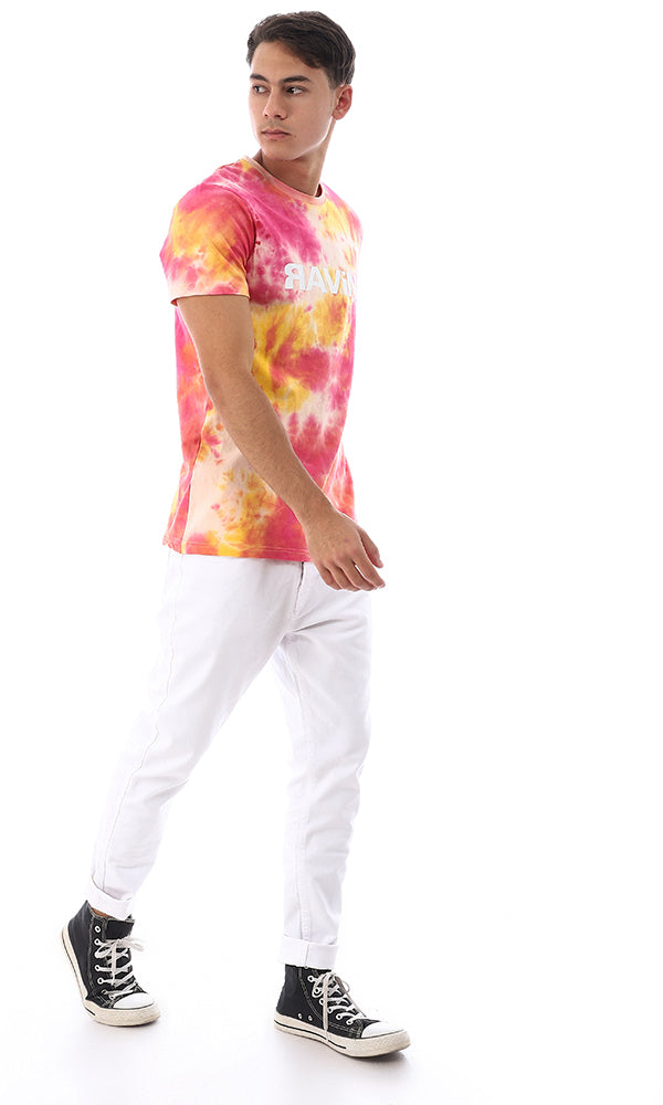 95701 Printed & Tie Dye Summer Trendy T-Shirt - Orange & Fuchsia