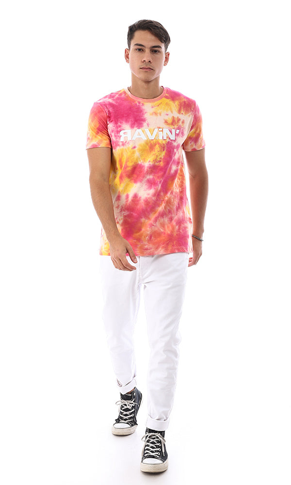 95701 Printed & Tie Dye Summer Trendy T-Shirt - Orange & Fuchsia