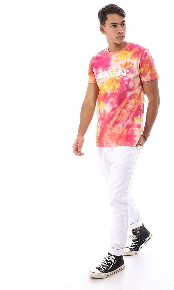 95701 Printed & Tie Dye Summer Trendy T-Shirt - Orange & Fuchsia