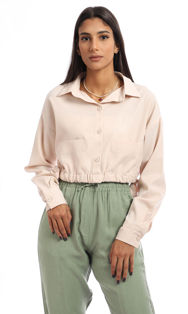 95736 Full Buttoned & Elastic Hemline Polyester Shirt - Light Beige