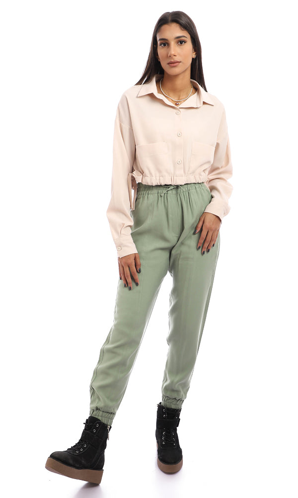 95736 Full Buttoned & Elastic Hemline Polyester Shirt - Light Beige