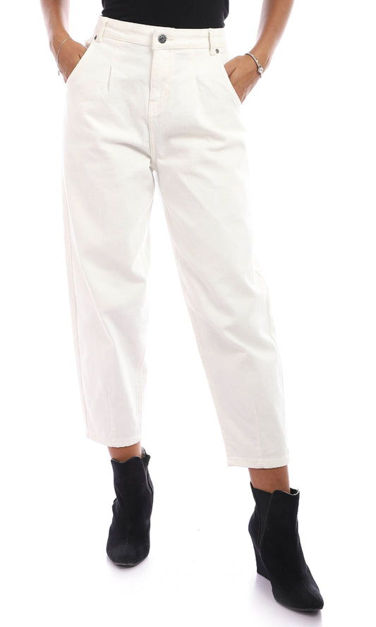 95746 Cotton Fly Zipper Button Slouchy Jeans - Off White