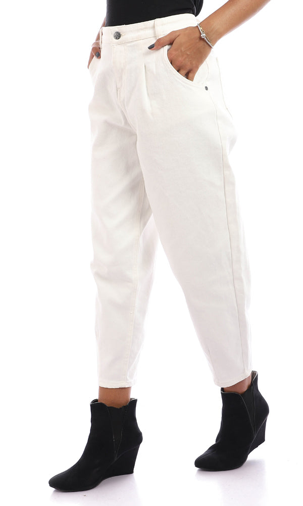 95746 Cotton Fly Zipper Button Slouchy Jeans - Off White