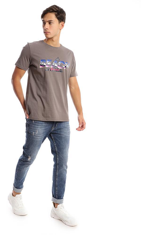 95755 Colorful Printed "Beach" Taupe Summer Tee - Ravin 