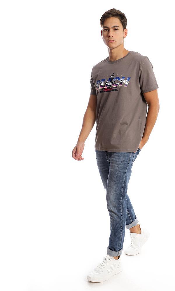 95755 Colorful Printed "Beach" Taupe Summer Tee - Ravin 
