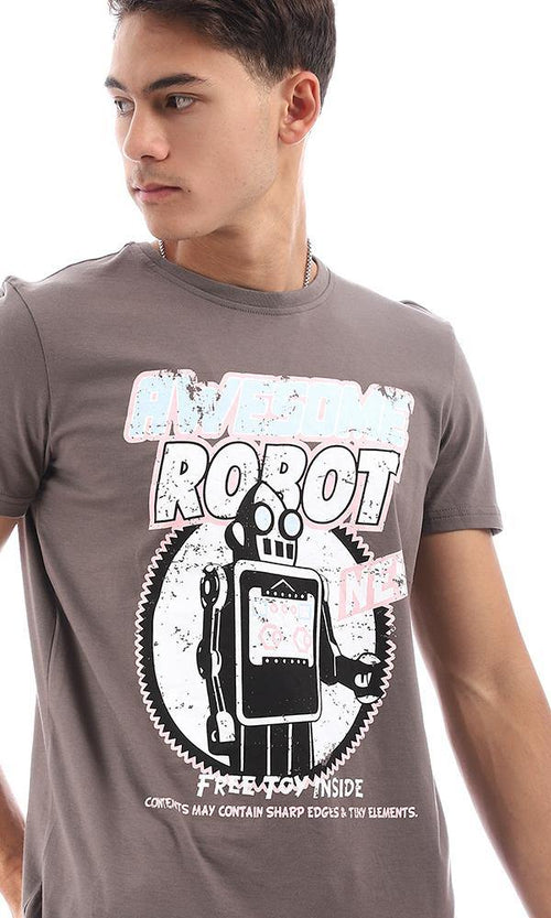 95756 Printed "Robot" Taupe Short Sleeves Tee - Ravin 