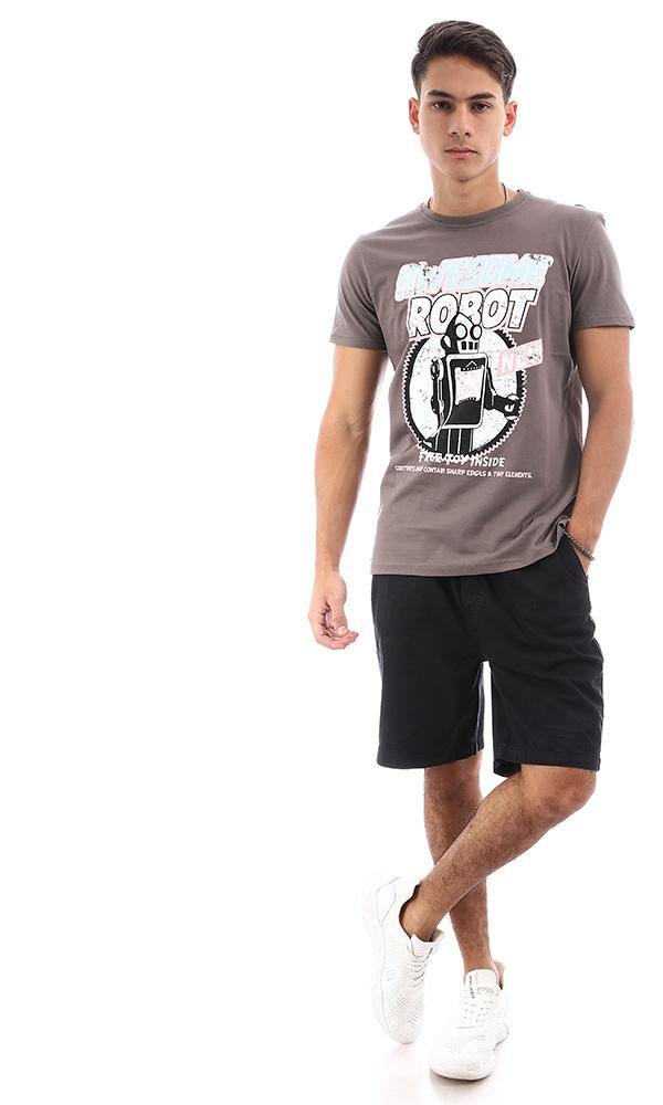 95756 Printed "Robot" Taupe Short Sleeves Tee - Ravin 