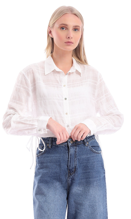 95772 Side Drawstrings White Cropped Summer Shirt