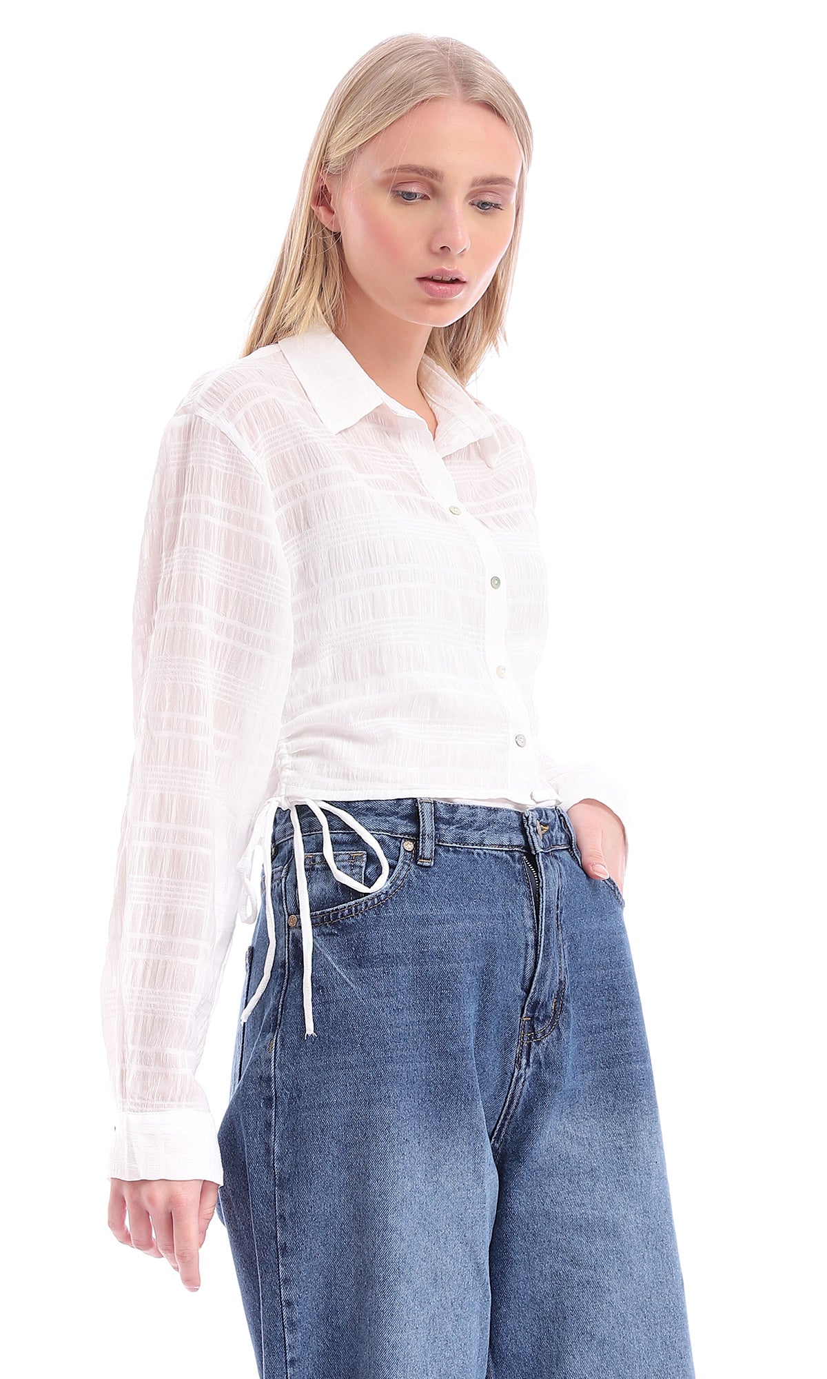 95772 Side Drawstrings White Cropped Summer Shirt